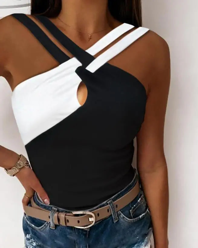 Fashion 2023 Casual Summer Sexy Sleeveless Colorblock Crisscross Halter Skinny Tank Top Female Clothes T-Shirts Pullover Tops